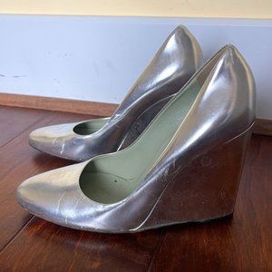 Prada Silver Metallic Wedges Made in Italy 37 1/2